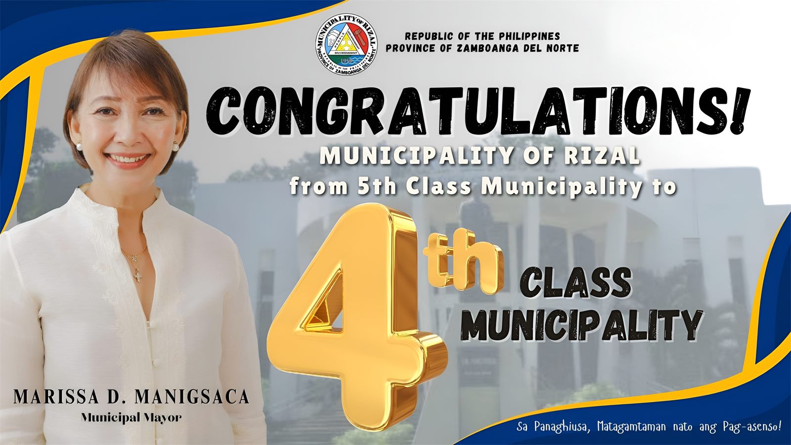 Banner announcing the reclassification of Rizal from a 5th class to a 4th class municipality